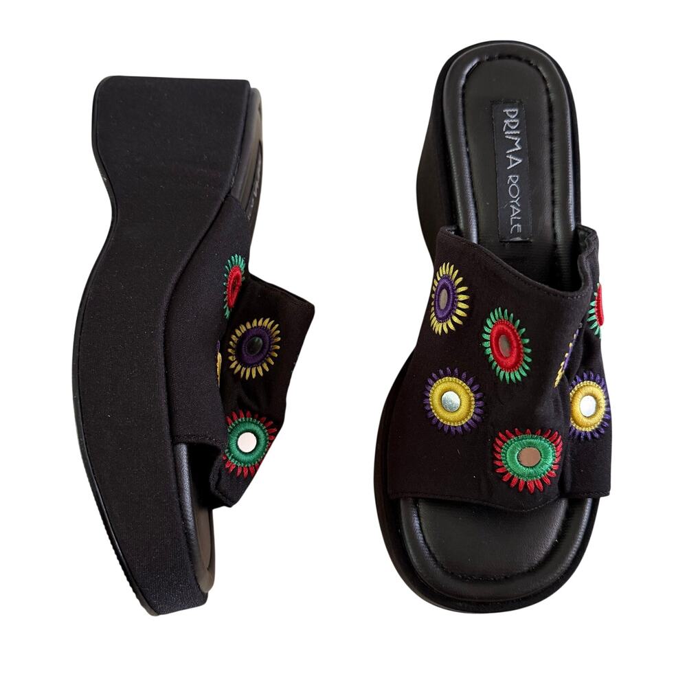 Y2K 2000s Black Platform Embroidered Dot Sandals 6.5 Brats Grunge Skater Punk